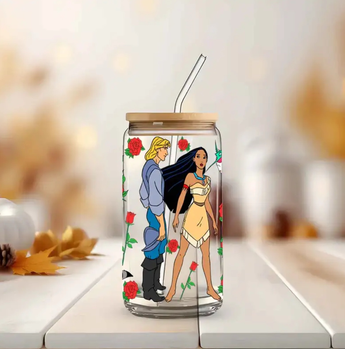 Pocahontas Glass Tumbler With Bamboo Lid & Straw