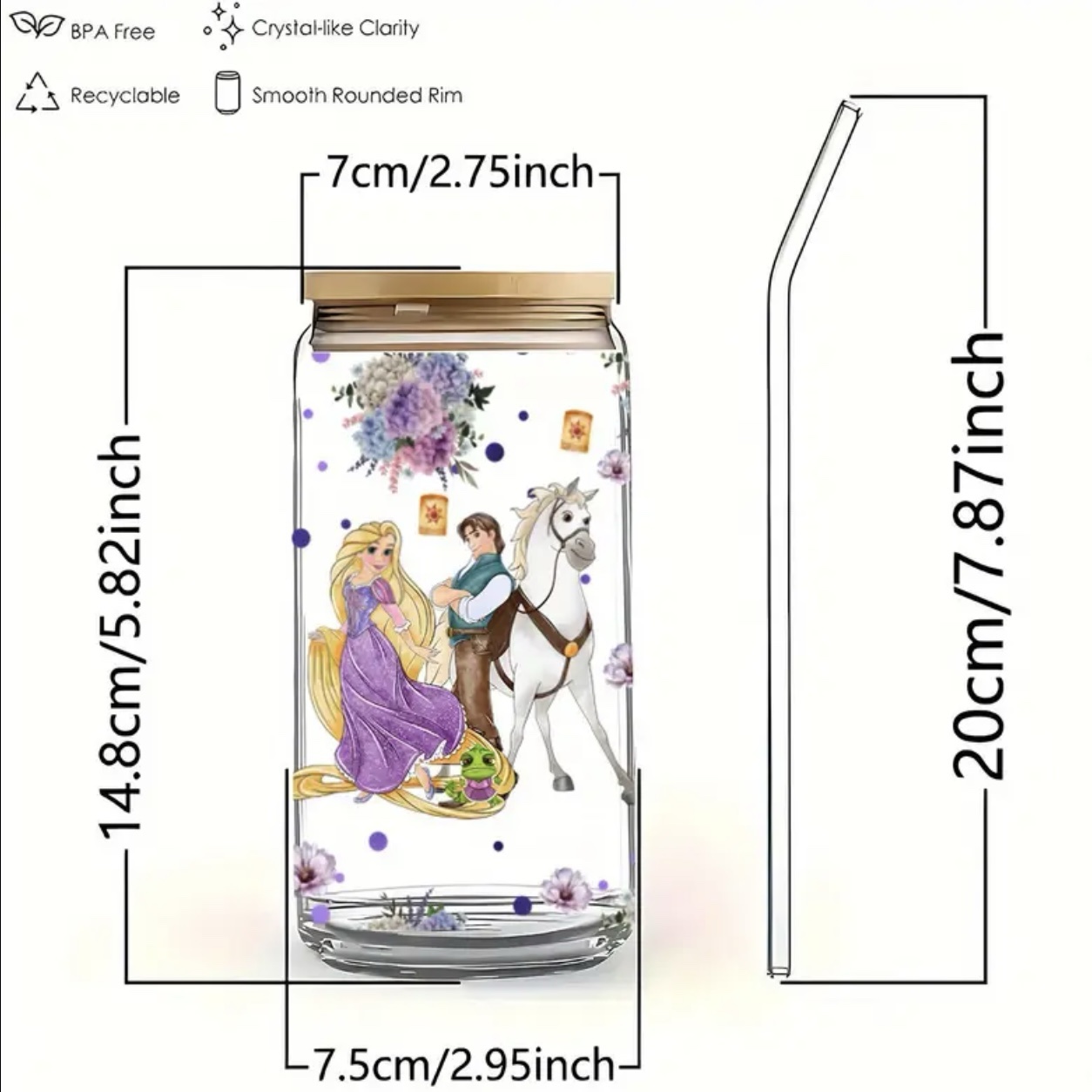 Rapunzel Glass Tumbler with Bamboo Lid & Straw - Image 4
