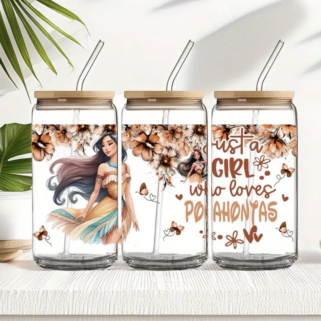 Pocahontas Glass Tumbler With Bamboo Lid & Glass Straw - Image 4
