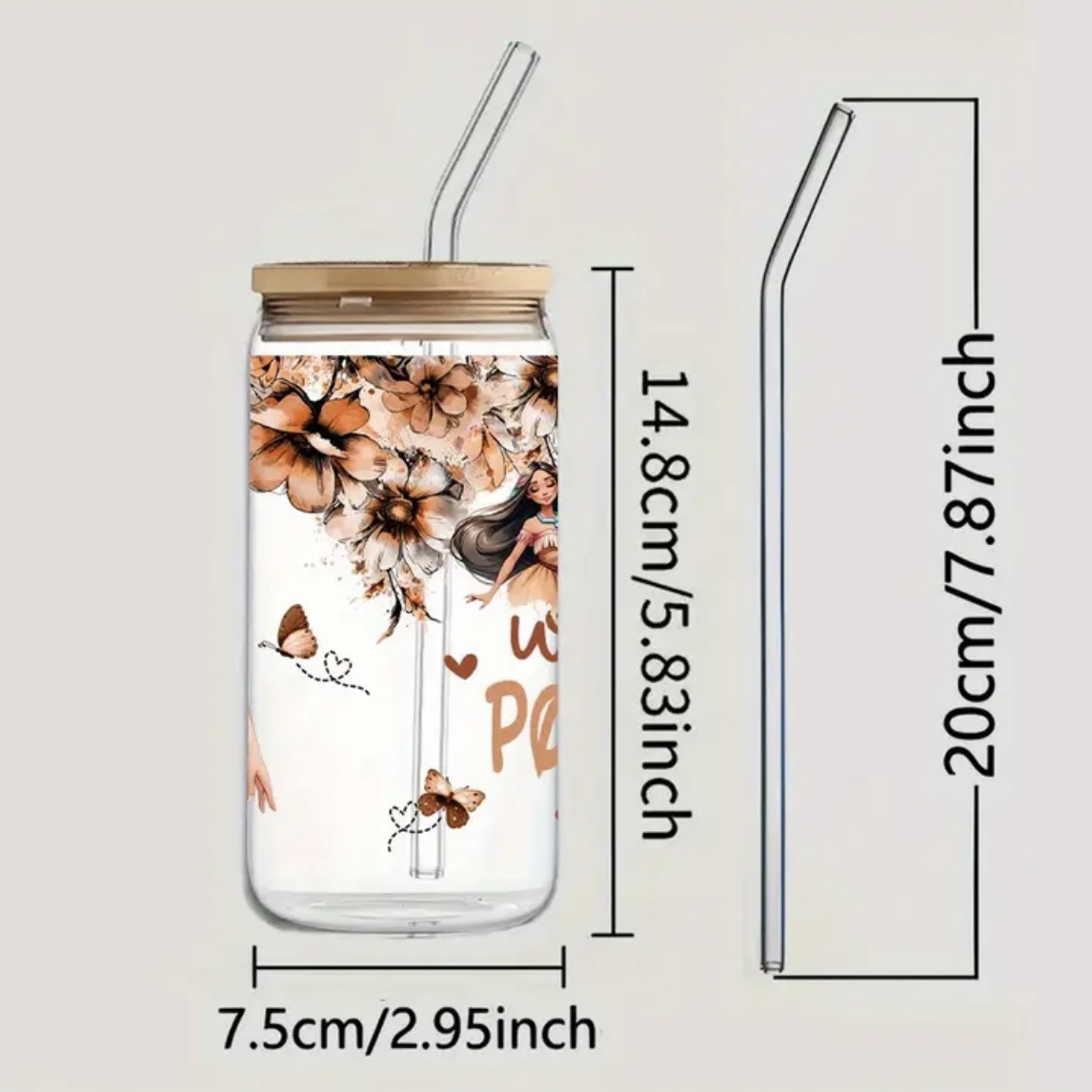 Pocahontas Glass Tumbler With Bamboo Lid & Glass Straw - Image 3